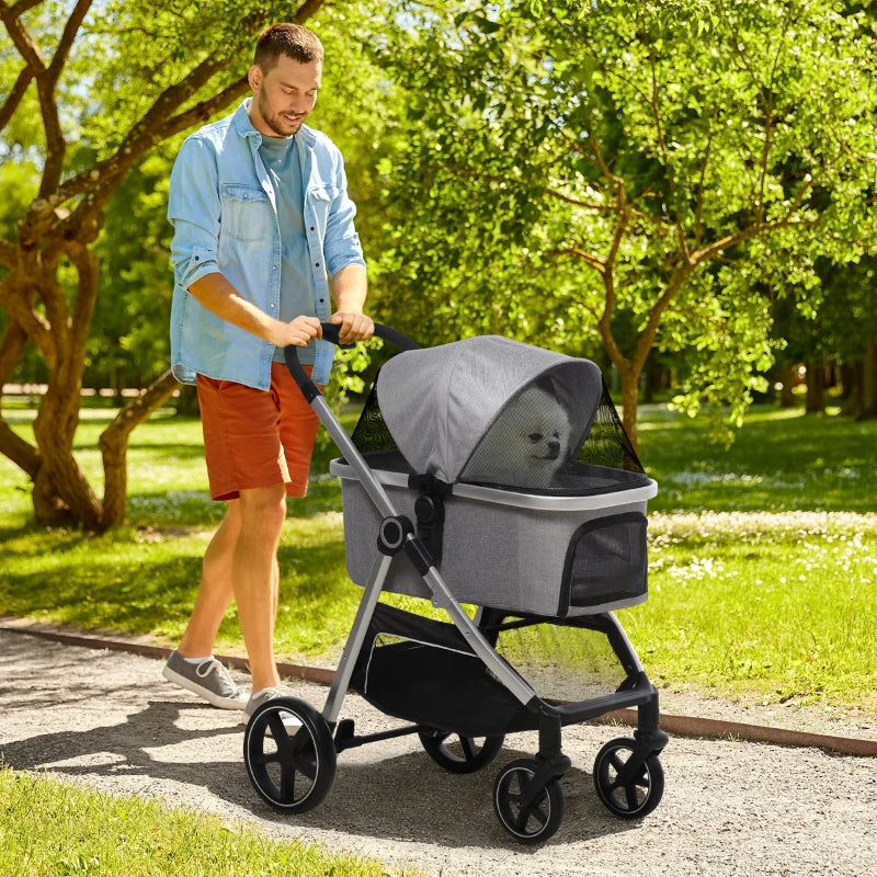 Foldable 3-in-1 Pet Stroller with Car Seat - Grey