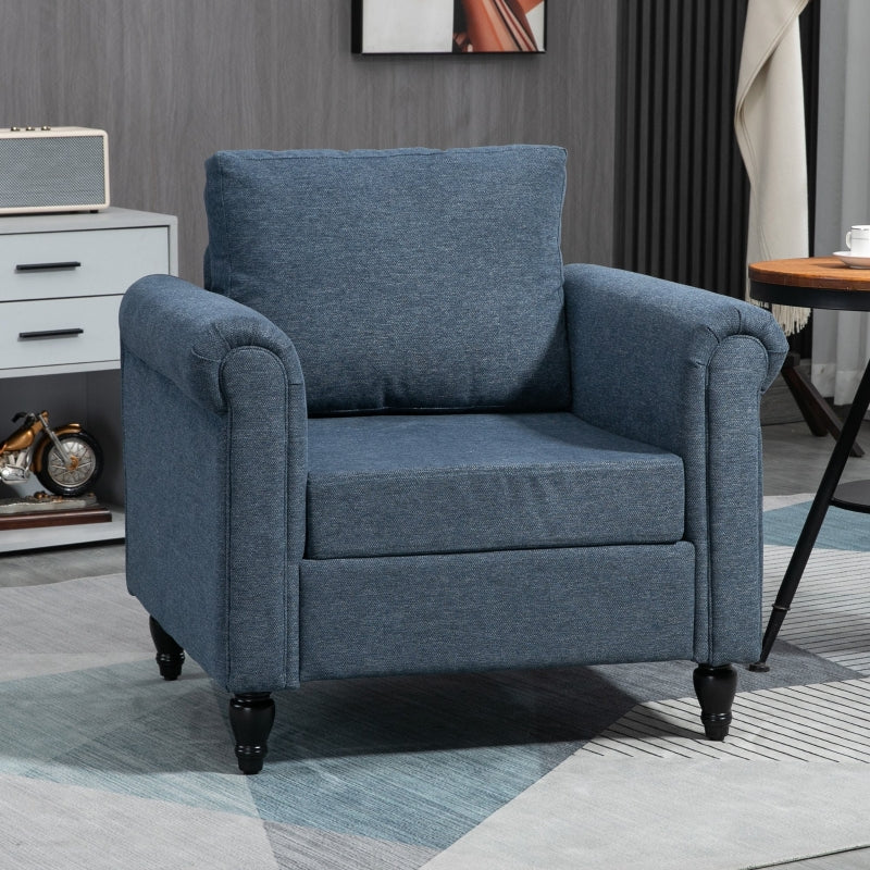 Dark Blue Upholstered Accent Chair with Rolled Arms and Back Pillow