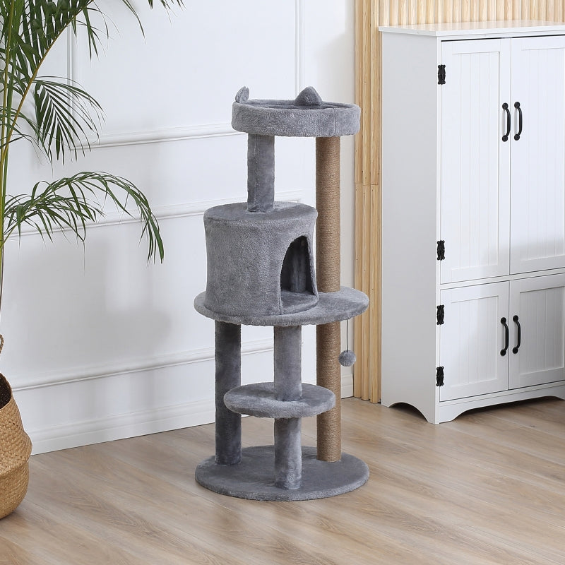 Grey Cat Tree Tower with Scratching Posts and Plush Perch