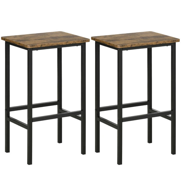 Rustic Brown Industrial Bar Stools, Set of 2 Kitchen Breakfast Chairs with Footrest