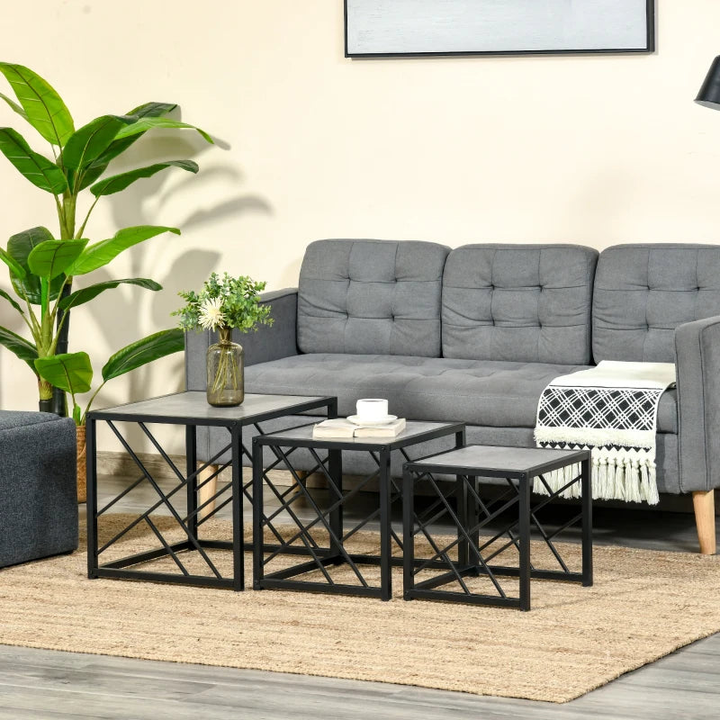 Grey Square Nesting Coffee Tables Set, 3-Piece Black Metal Frame Side Tables