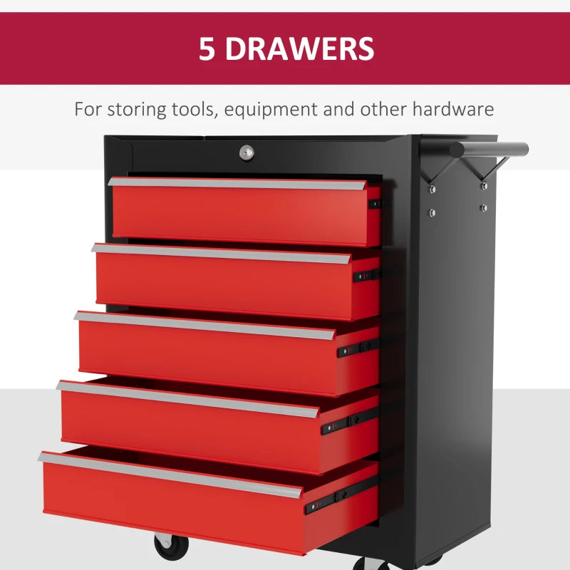 Red 5-Drawer Steel Tool Chest with Wheels and Lockable Cabinet