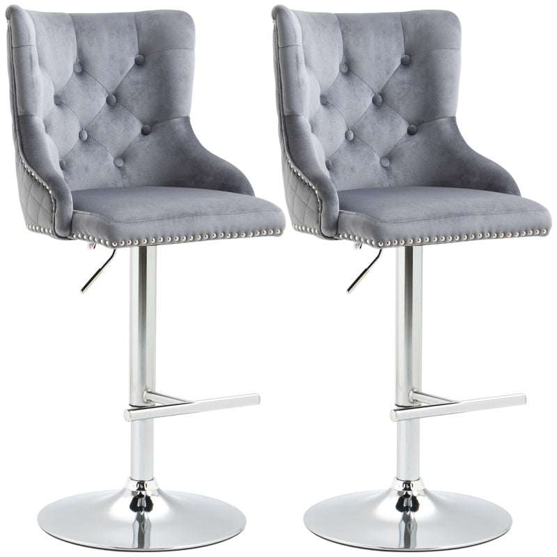 Grey Velvet Swivel Barstools Set of 2 with Button Tufted Back and Footrest