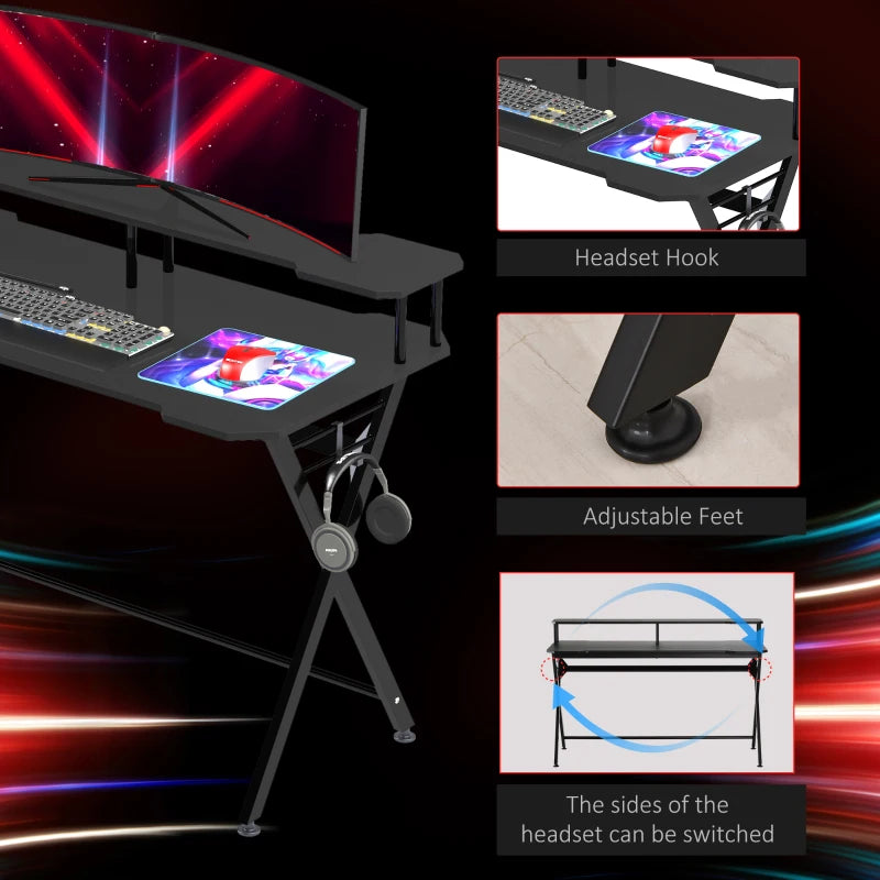 Black Gaming Desk with Headphone Hook - Adjustable Feet - 140 x 60cm