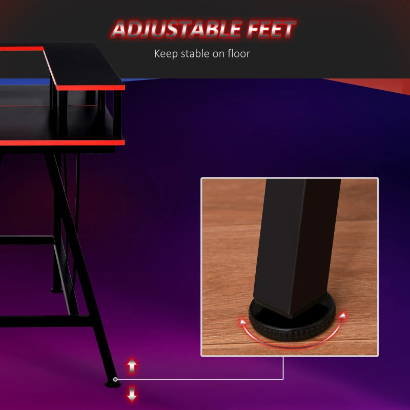 Black and Red L-Shaped Gaming Desk with Monitor Stand