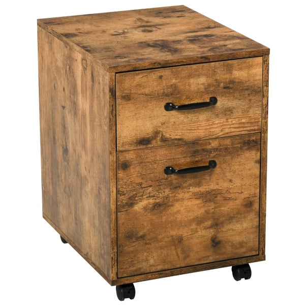 Rustic Brown 2-Drawer Mobile File Cabinet for Letter-Sized Documents
