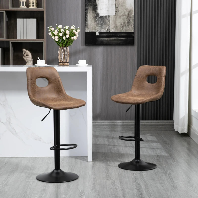 Brown Faux Leather Adjustable Bar Stools Set of 2