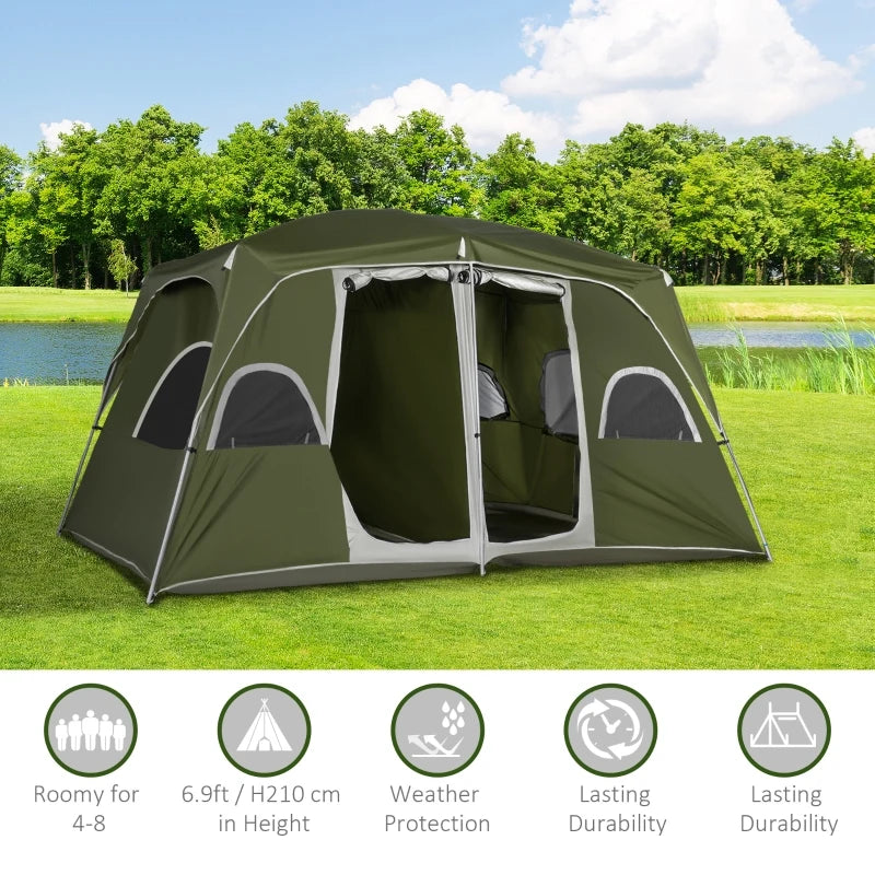 Green 2-Room Family Camping Tent for 4-8 People with Large Mesh Windows