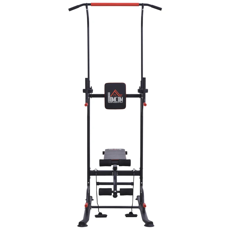 Black Multifunction Home Workout Power Tower with Sit-up Bench and Push-up Bars