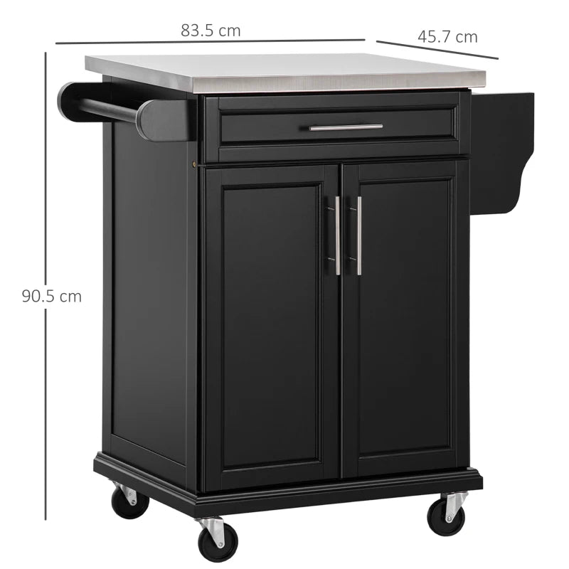 Black Wooden Kitchen Island Cart with Stainless Steel Top and Storage