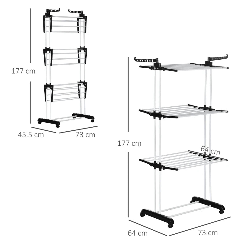 Black 4-Tier Foldable Steel Clothes Drying Rack with Castors