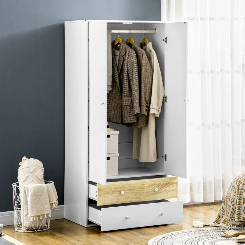 White 2-Door Wardrobe with Drawers and Hanging Rod for Bedroom Storage