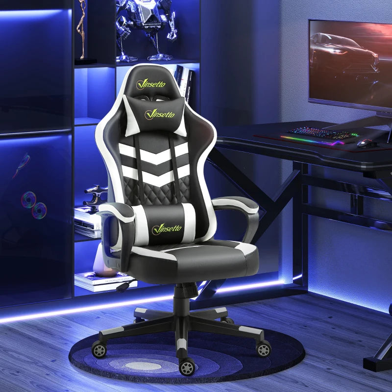 Black White Gaming Chair with Lumbar Support and Swivel Wheels