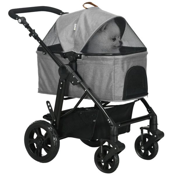 Grey Pet Stroller for Small Dogs and Cats with Detachable Carrier Bag