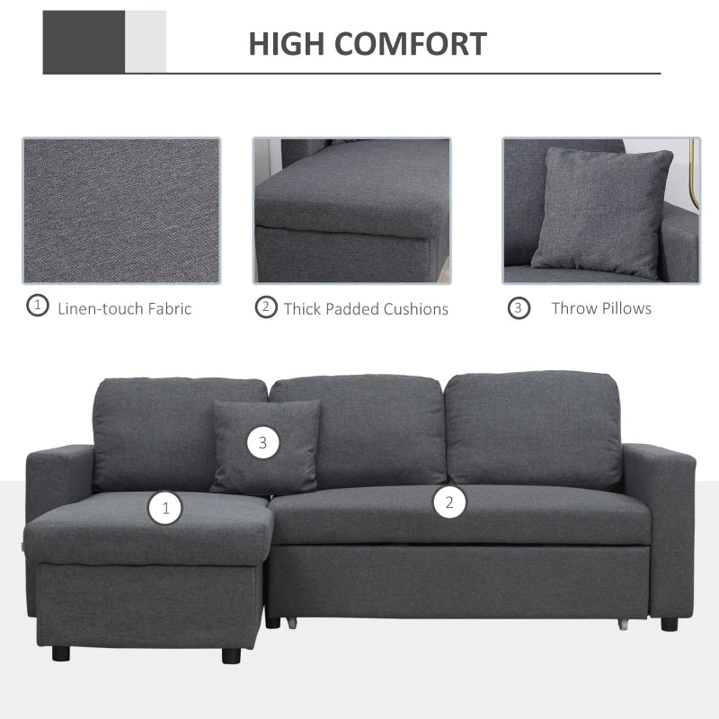 Grey 3 Seater Corner Sofa Bed with Storage and Chaise Lounge