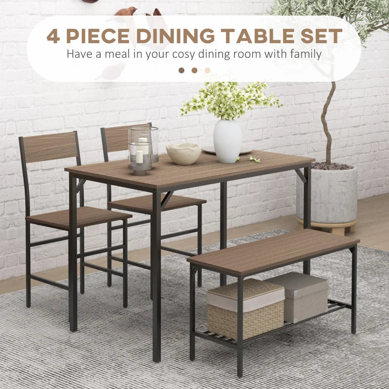 4-Piece Dining Set with Table, Chairs, and Bench - Grey