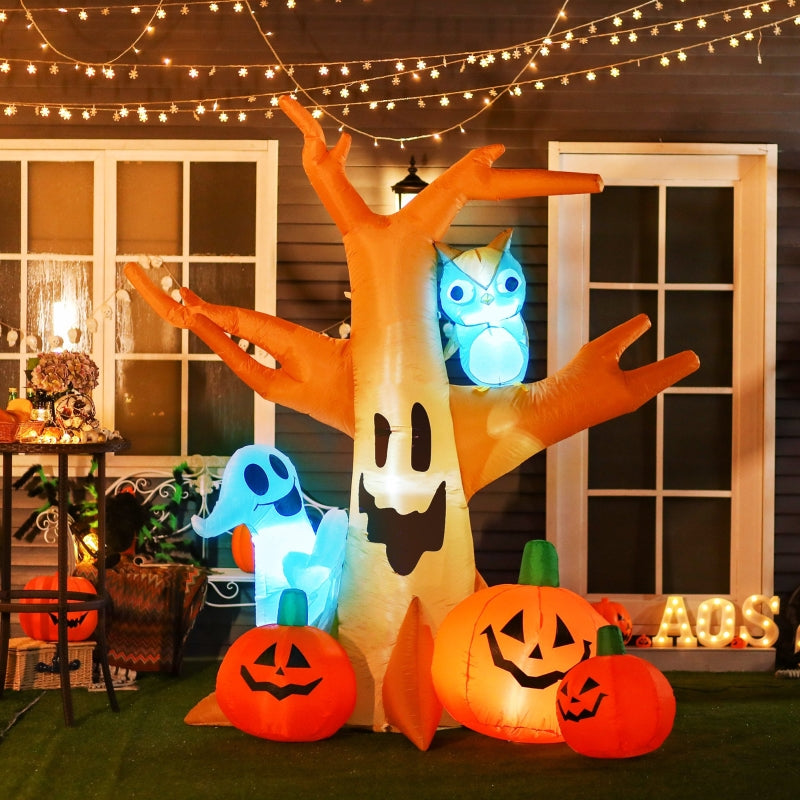 240cm Halloween Inflatable Tree Ghost with Pumpkins, Owl & LED Lights - Spooky Decor