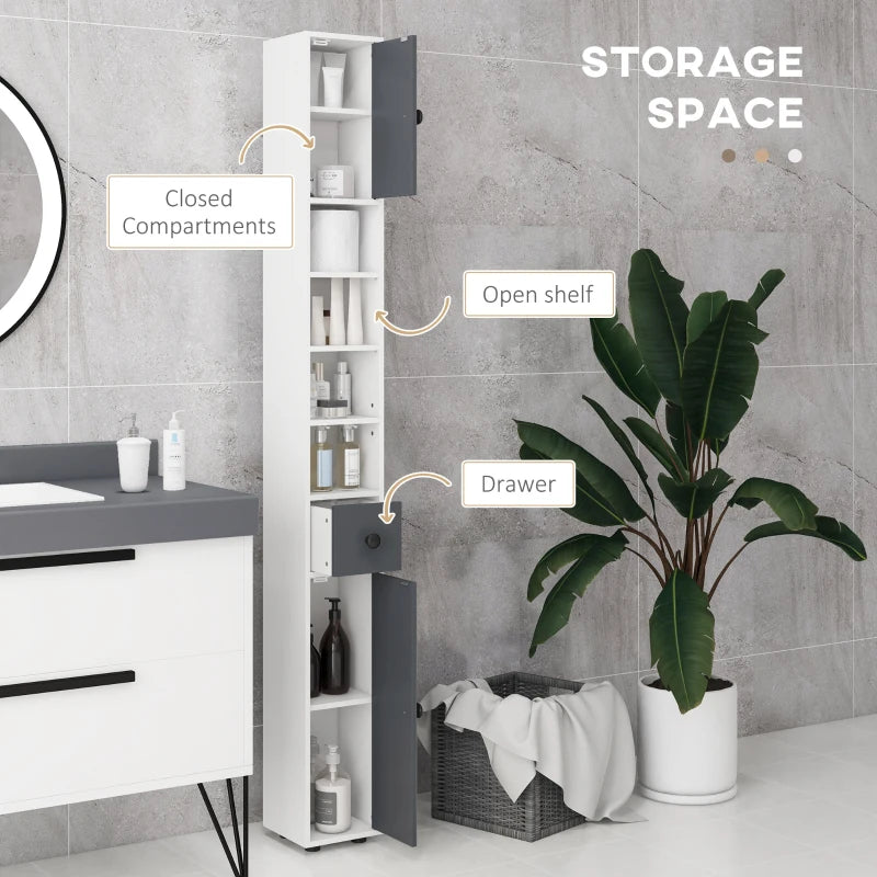 Grey 180cm Slim Bathroom Storage Cabinet with Drawer, Shelves, and Cupboards