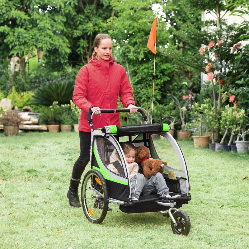 Green 2-Seater Child Bike Trailer & Stroller Combo with Safety Features