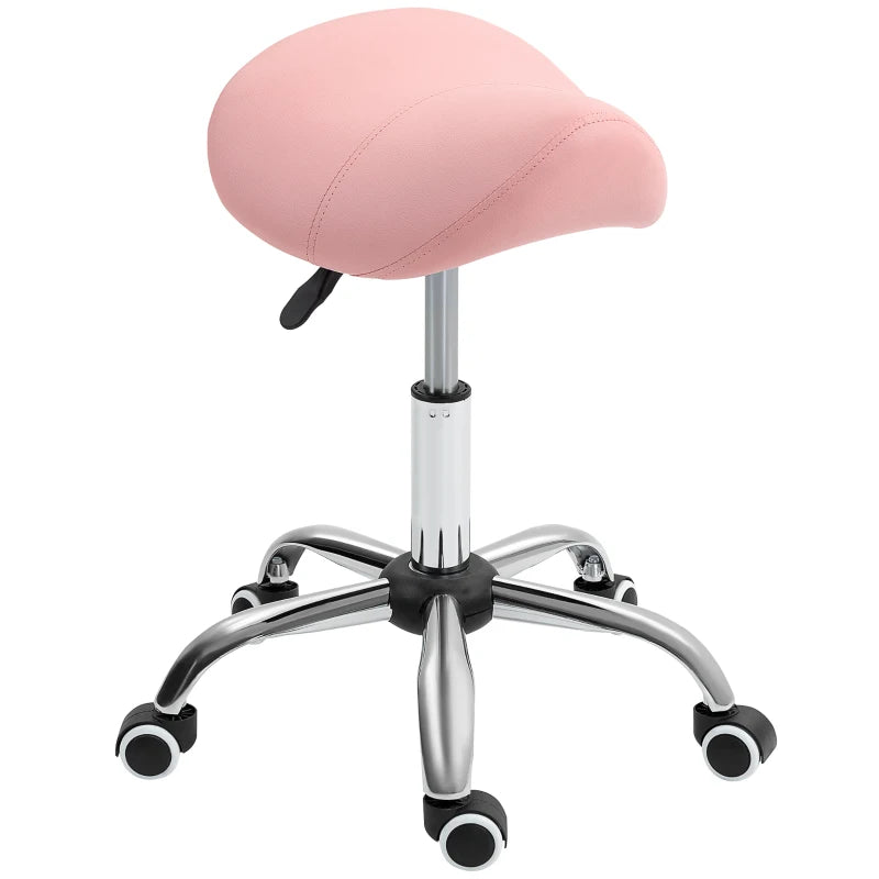 Height Adjustable Pink Salon Saddle Stool, Faux Leather