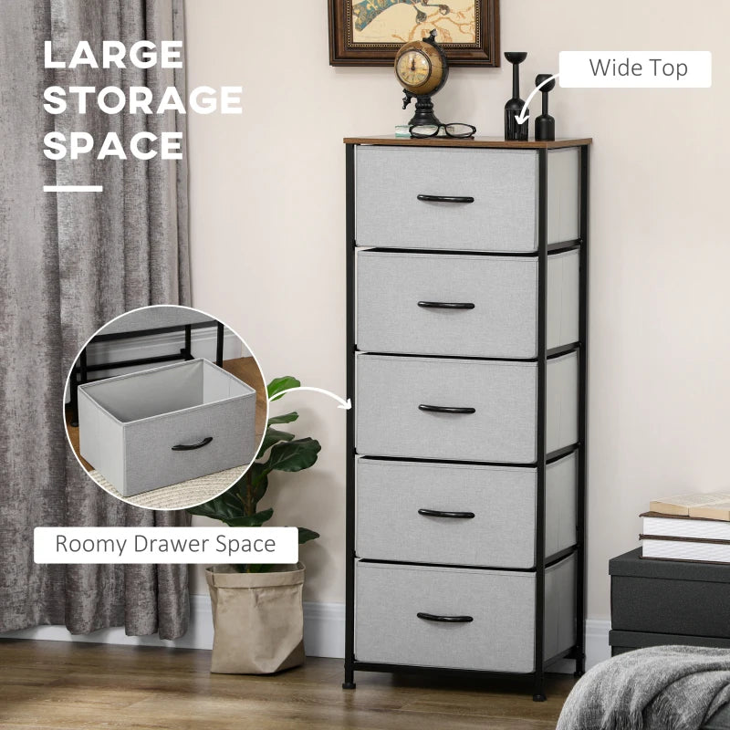 Grey Fabric 5-Drawer Industrial Dresser with Steel Frame and Wooden Top