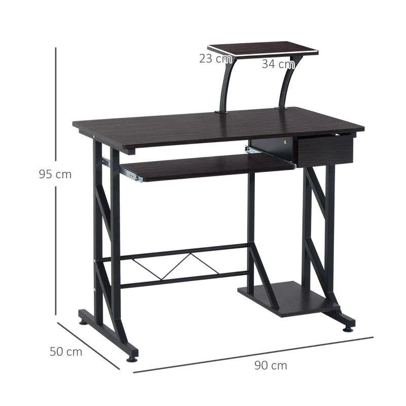 Dark Brown Computer Desk with Display Stand and Sliding Keyboard Tray