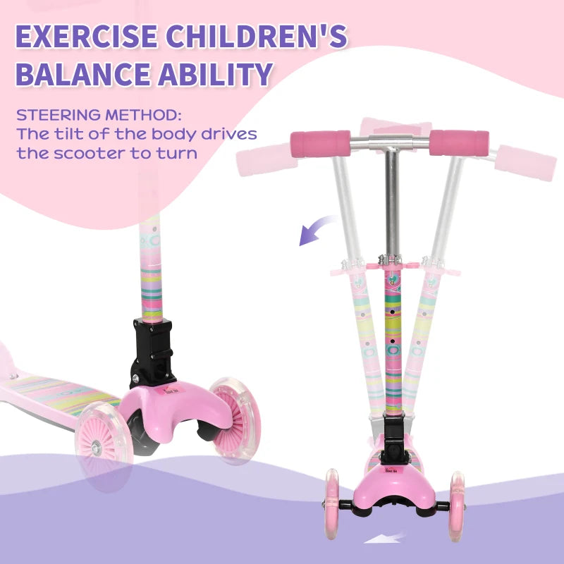 Foldable Pink Kids 3-Wheel Scooter with LED Flashing Wheels