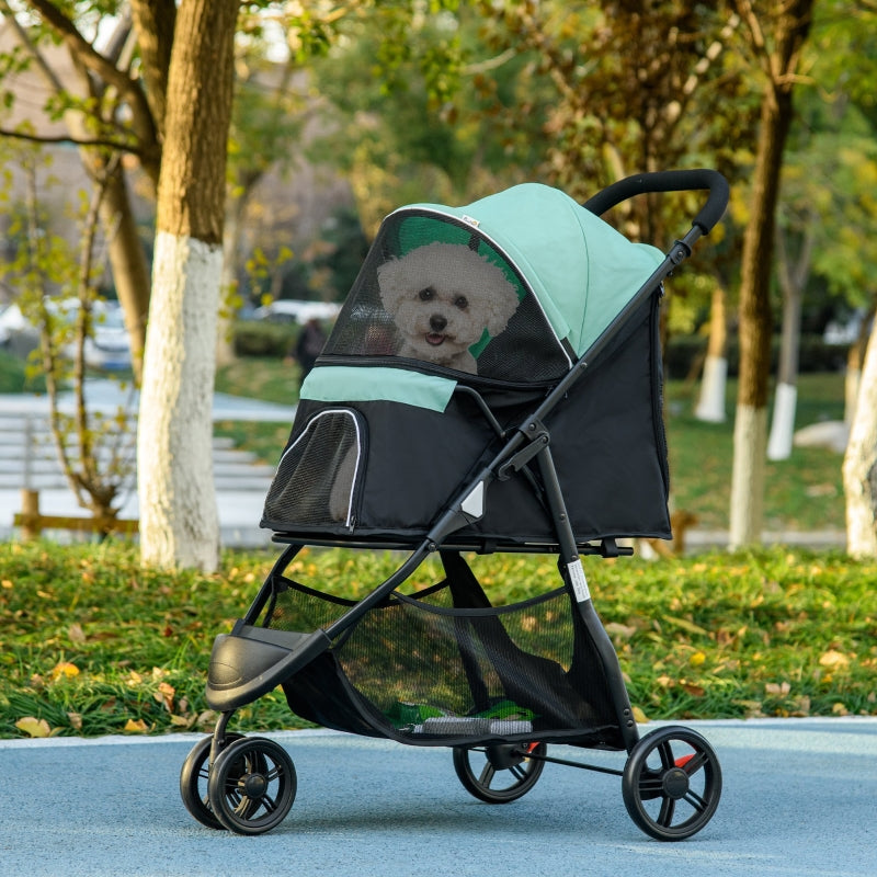 Green Foldable Pet Stroller with Rain Cover for XS and S Dogs