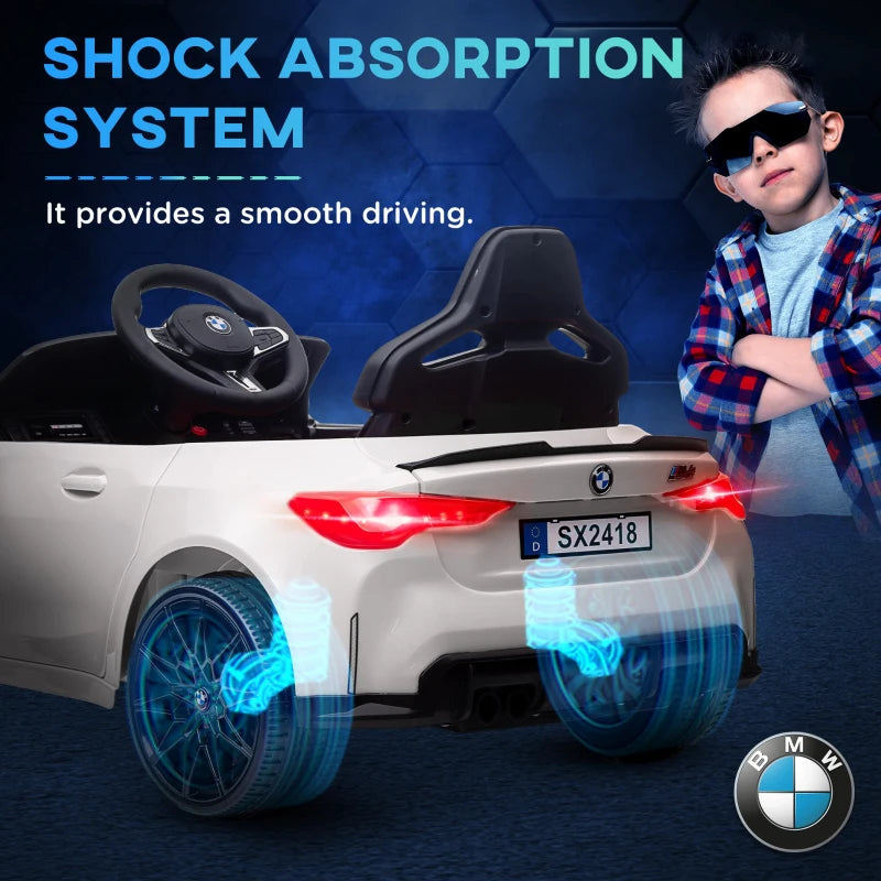 12V BMW M4 Licensed Kids Car - White with Remote Control & LED Lights