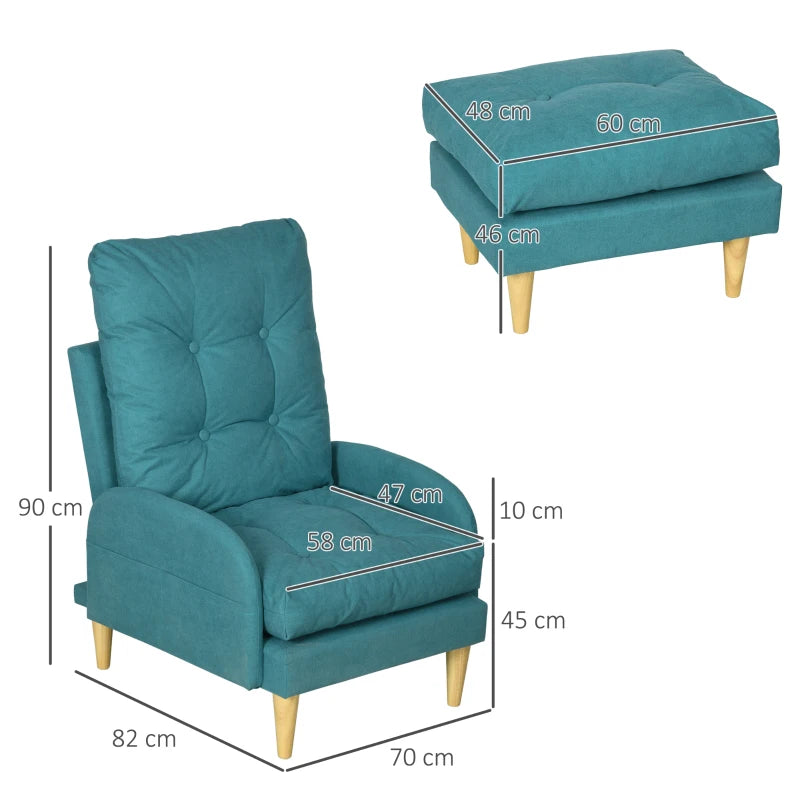 Blue Upholstered Recliner Armchair Set with Footstool - Modern Button Tufted Accent Chair