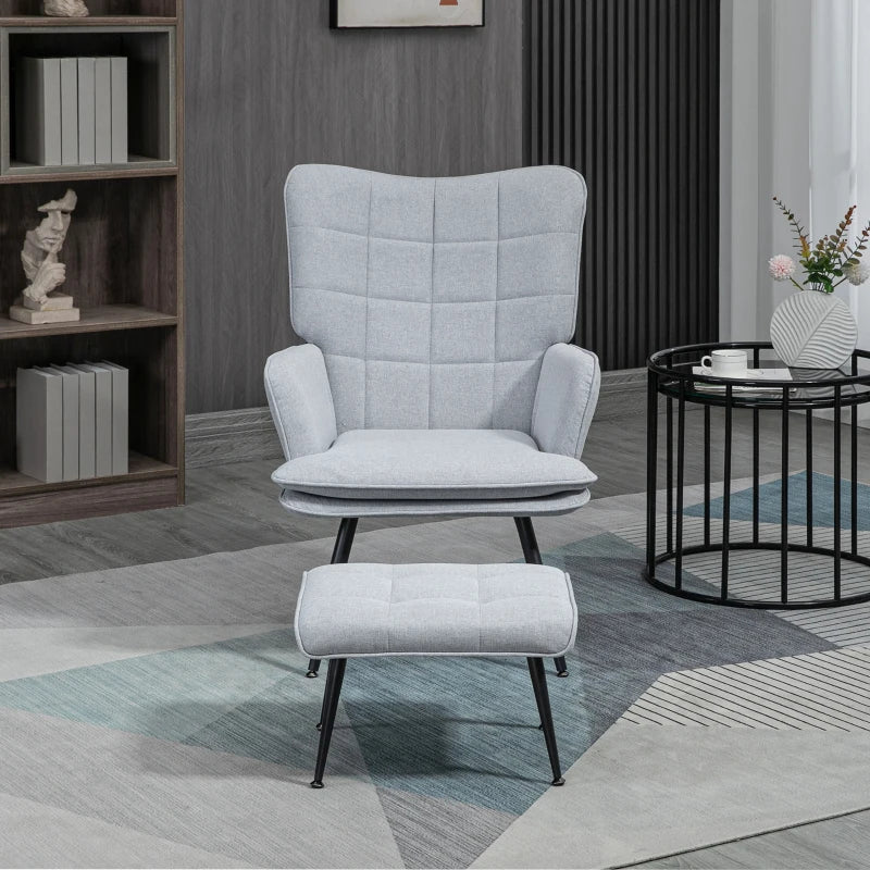 Light Grey Linen Armchair Set with Footstool for Living Room and Bedroom