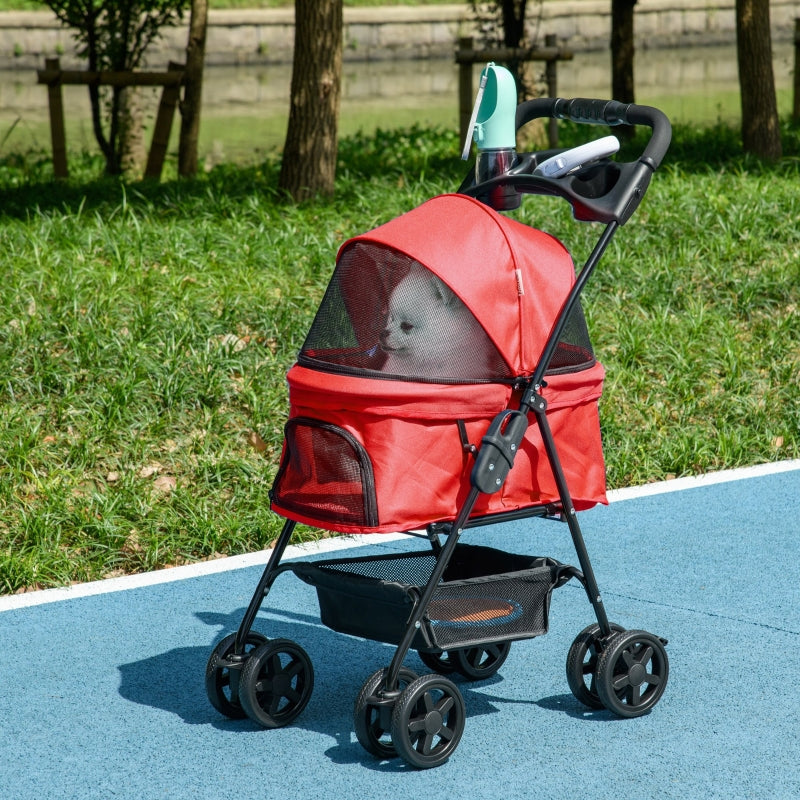 Red Pet Stroller with Canopy, 4 Wheels, Leashes, Storage Basket