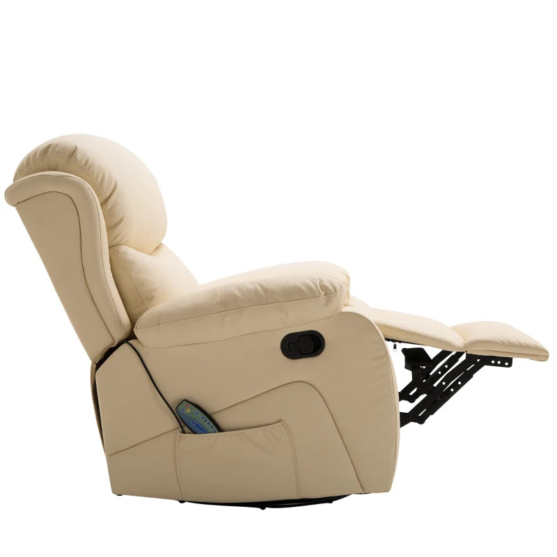 Beige PU Leather Massage Recliner with Swivel Base and Footrest