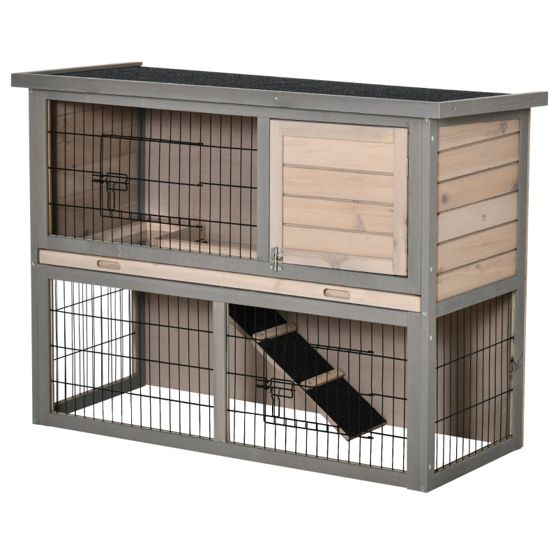 Brown 2 Tier Wooden Rabbit Hutch Guinea Pig House with Ramp and Outdoor Run - Small Animal Cage