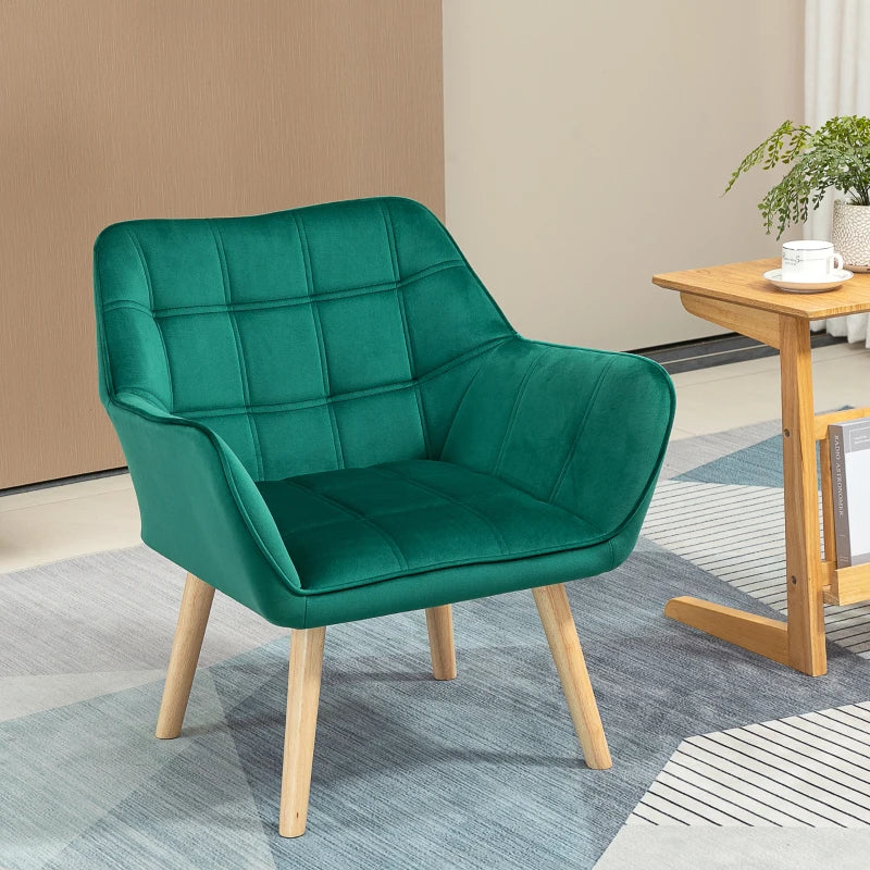 Green Upholstered Armchair with Wide Arms and Slanted Back