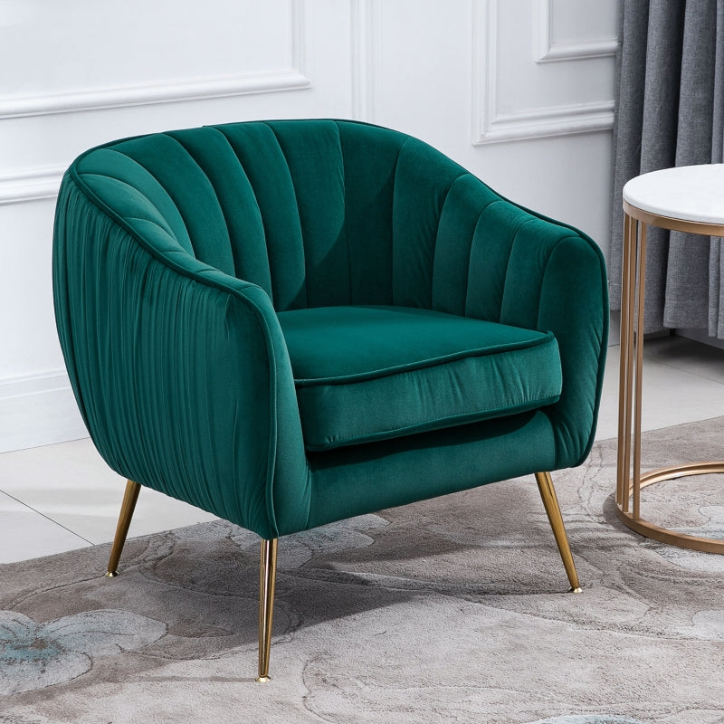 Green Velvet Tub Chair with Golden Metal Legs - Stylish Living Room Furniture