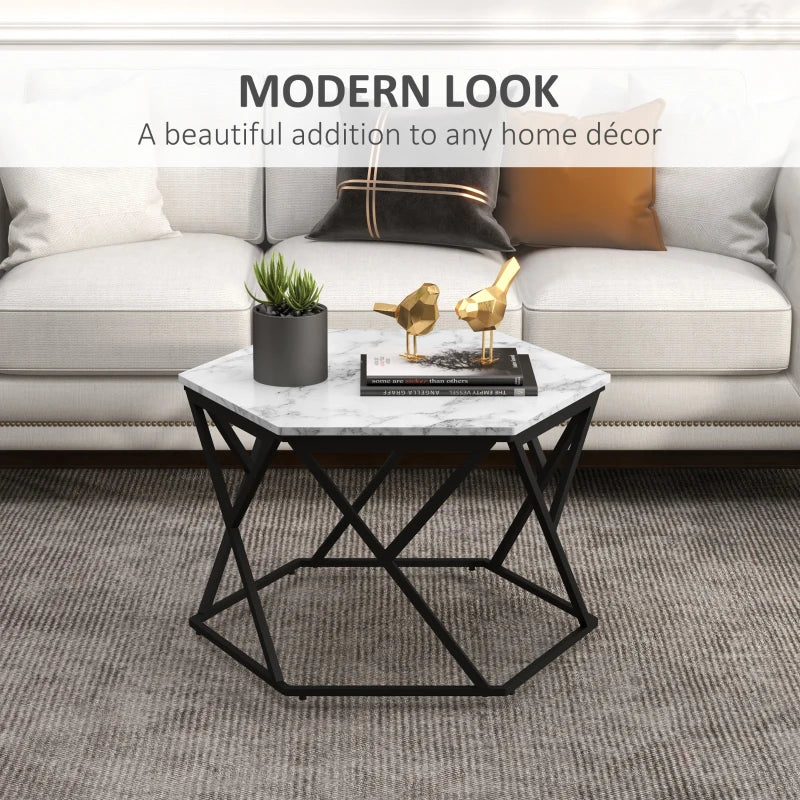 White Hexagonal Marble Coffee Table with Steel Frame