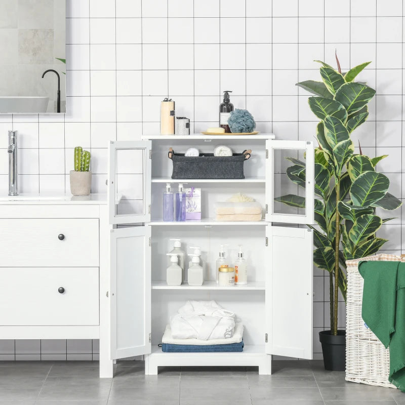 White Bathroom Storage Cabinet with Glass Doors & Adjustable Shelf