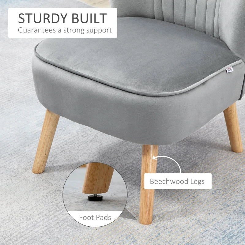 Light Grey Velvet Accent Chair with Ottoman - Curved Back, Wood Frame Legs