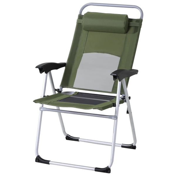 Green Folding Camping Chair with Adjustable Recliner Seat and Pillow