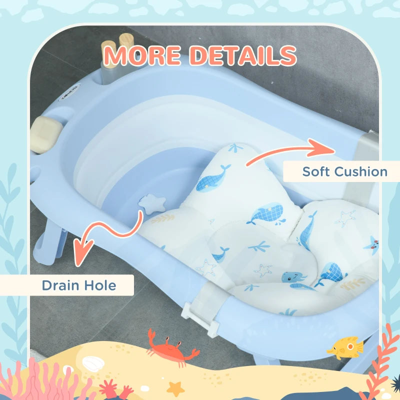 Blue Foldable Baby Bathtub with Non-Slip Legs & Cushion Pad
