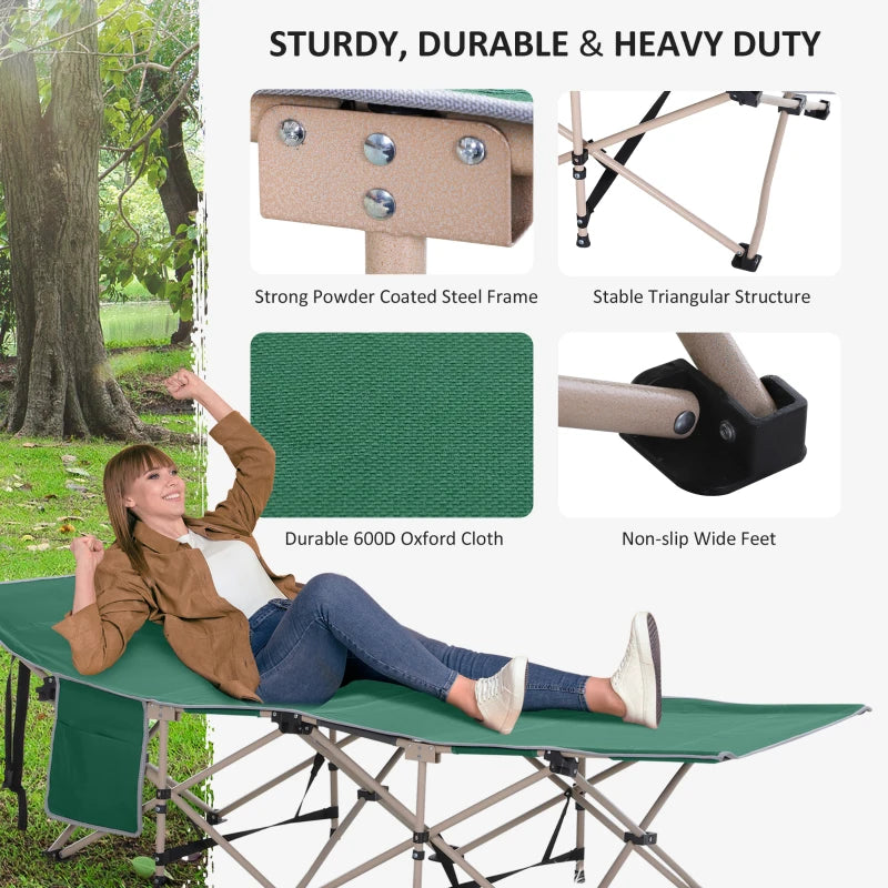 Green Portable Folding Camping Cot with Side Pocket and Carry Bag