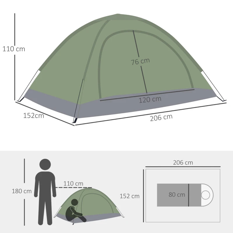 Camouflage 2-Person Camping Tent with Zipped Doors, Storage Pocket - Dark Green