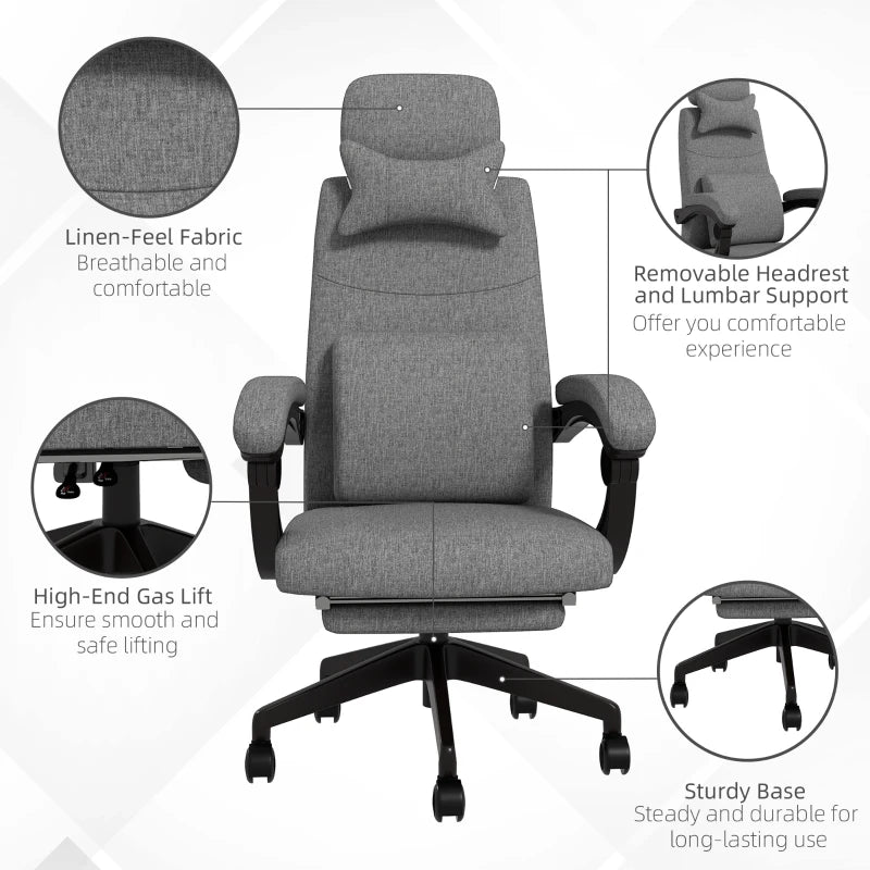 Grey Linen Office Chair with Reclining Back and Footrest