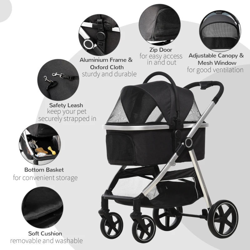 Black 3-in-1 Foldable Pet Stroller with EVA Wheels & Canopy