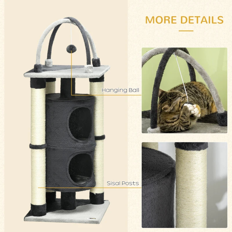 Grey Cat Tree with Scratching Posts, House, Bed & Toy Ball