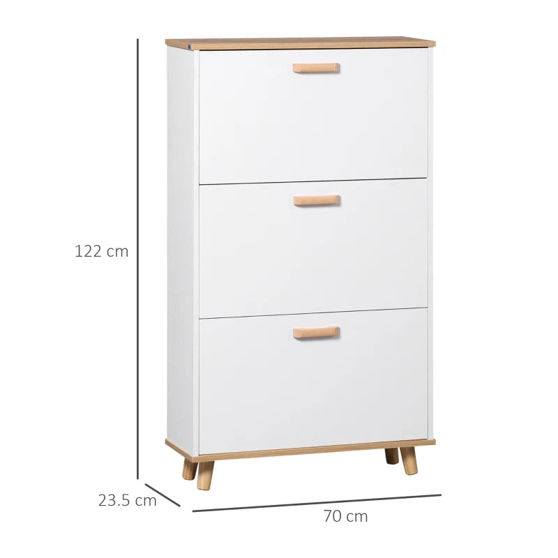 White Slim Shoe Cabinet with 3 Flip Drawers, Adjustable Shelves - 12 Pair Shoe Organizer