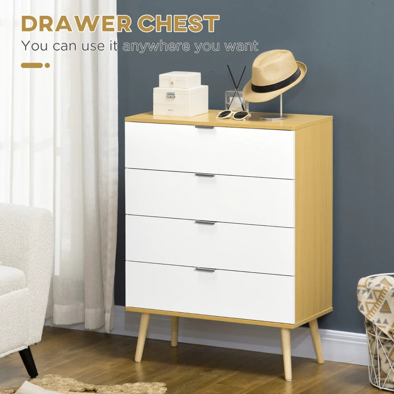 White and Natural 4-Drawer Storage Chest with Pine Wood Legs