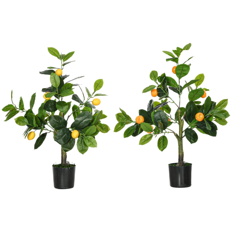 Set of 2 Artificial Lemon and Orange Trees with Pots, Home Indoor Decor, 60cm, Green and Orange