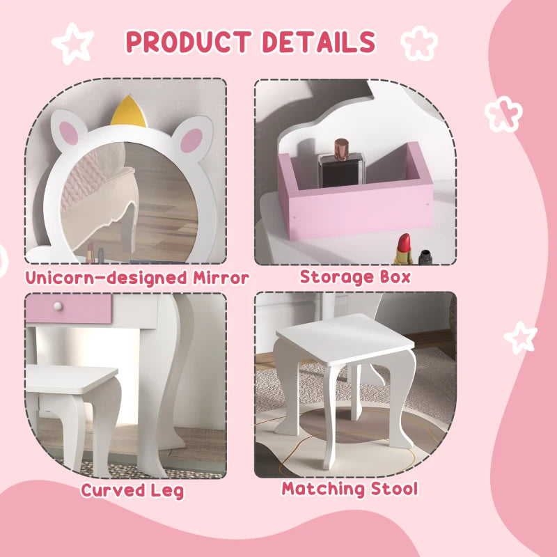 White Unicorn Kids Dressing Table Set with Mirror and Stool